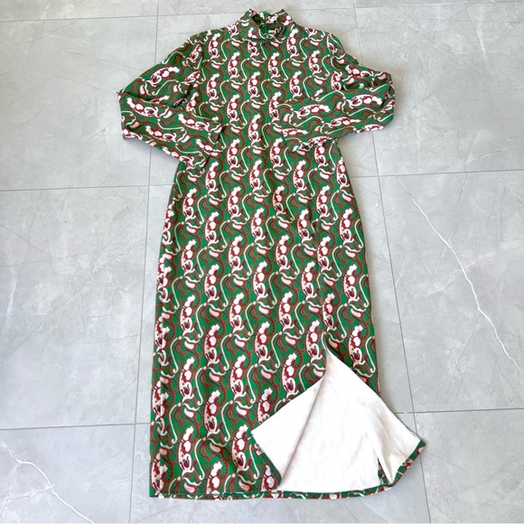ZARA Floral Green Multicolor Print Front Slit Long Sleeves Midi Dress Sz L - Picture 14 of 16